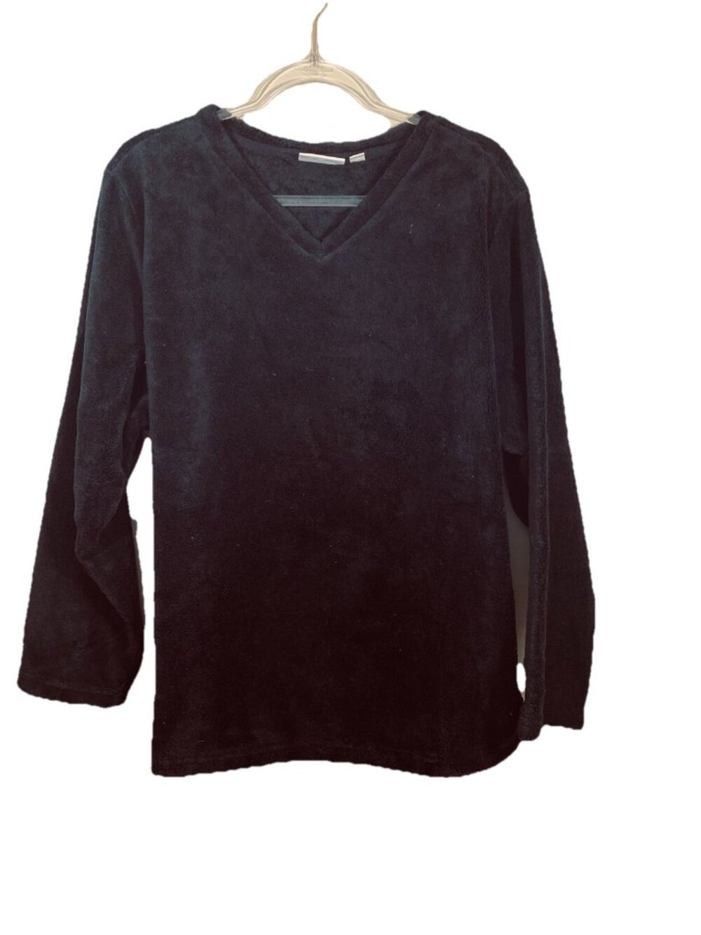 Denim & Co Size 1X Black Terry Fleece V Neck Pullover Top Long Sleeves Cozy NEW